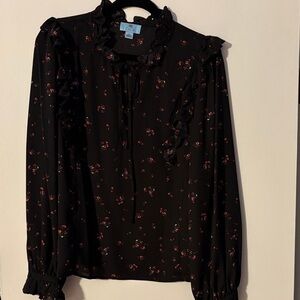 CeCe Black Floral Ruffle Blouse